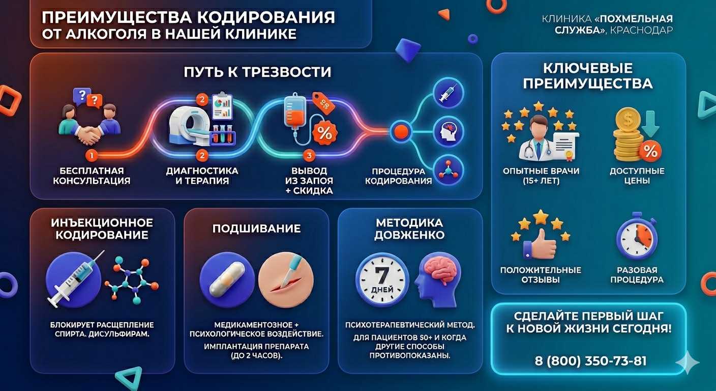 Инфографика о методах кодирования от алкоголя в Старощербиновской: инъекции, подшивание, метод Довженко. Преимущества клиники и этапы лечения.