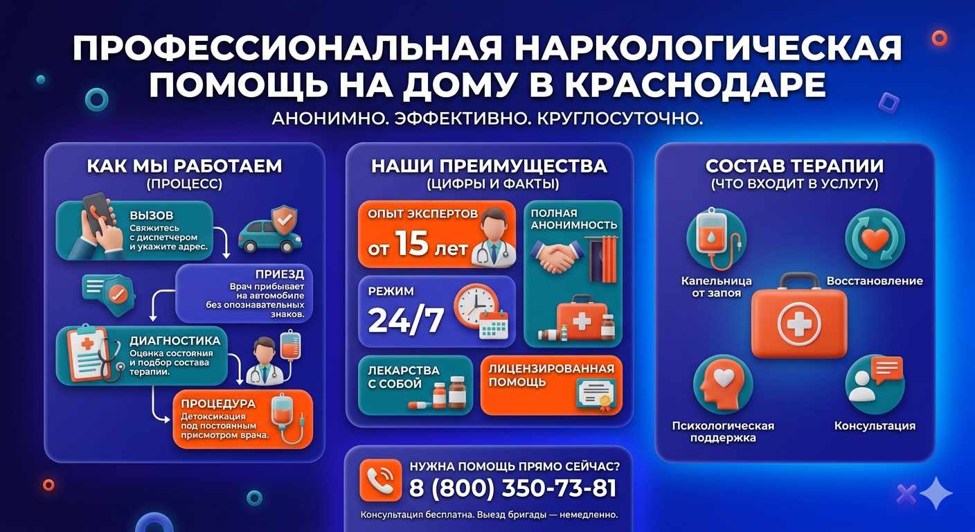 Инфографика о принципах лечения алкоголизма на дому в Старощербиновской: этапы вызова нарколога, преимущества анонимной детоксикации и состав медицинской помощи.